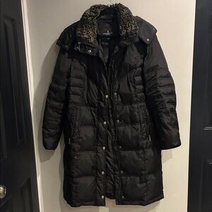 London Fog Black Puffer Trench Coat with Faux Fur Lining